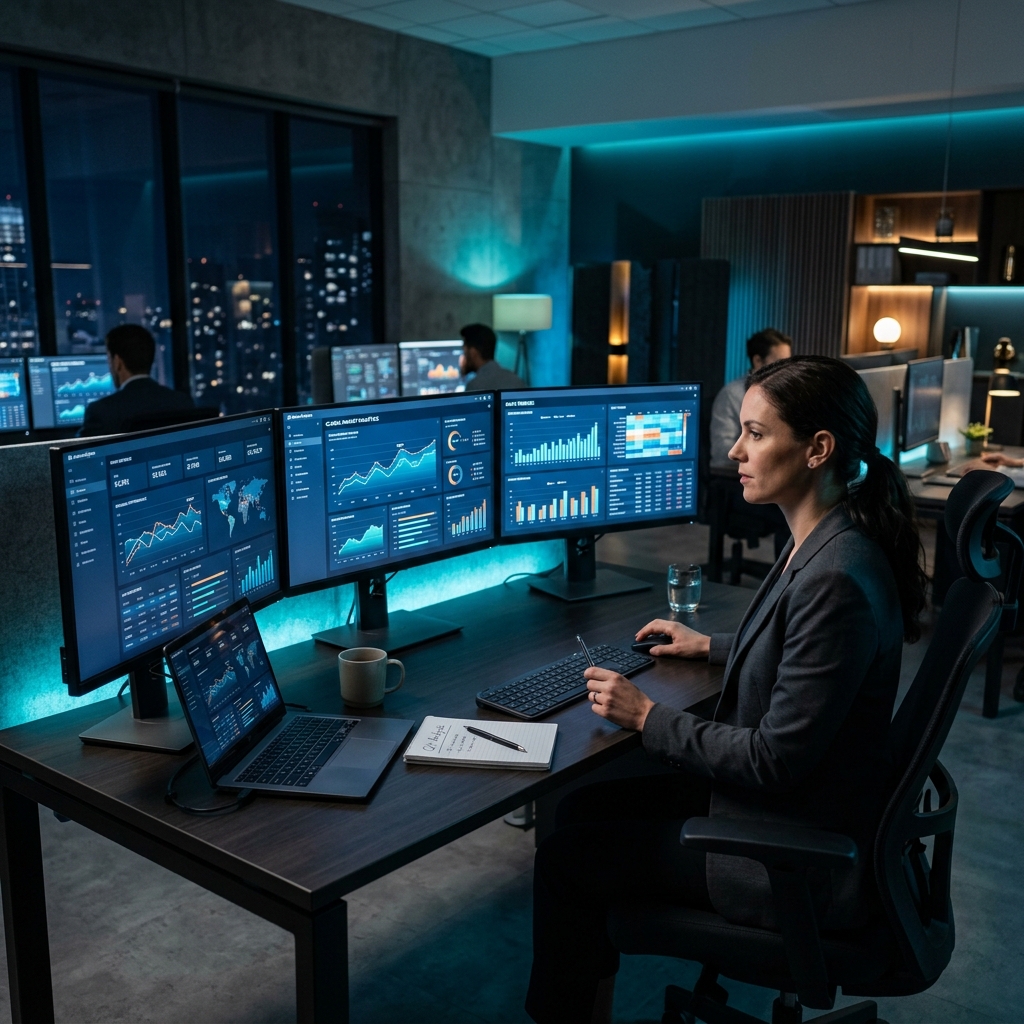 Modern corporate office workspace with data analytics dashboards on multiple monitors showing business intelligence charts and graphs glowing on screens sleek minimalist desk setup dark atmosphere with blue and teal accent lighting